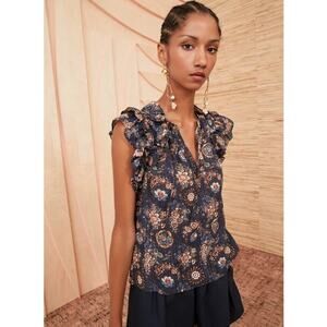 Ulla Johnson Elisa Top Twilight Size 0 Ruffle Flutter Short Sleeve Tie Neck Boho